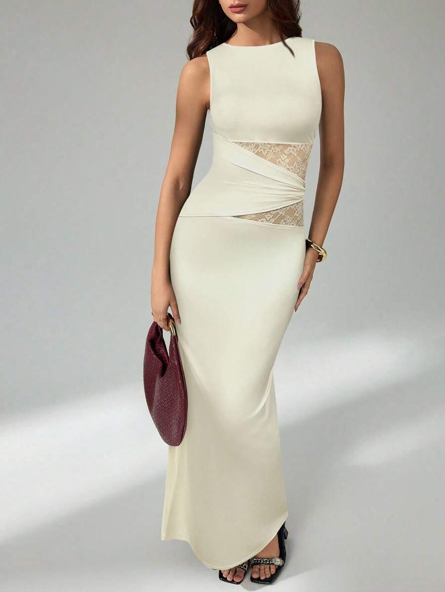 SHEIN Tall Váy dài ren đen thanh lịch cho nữ, Váy thanh lịch cho nữ, Trang phục dự tiệc cho nữ, Váy năm mới cho nữ, Váy đen cho nữ, Trang phục năm mới cho nữ, Váy dự tiệc năm mới - Màu be - Xem 1