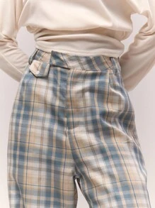 MUSERA 阔腿修身格纹口袋细节长裤，秋季复古乡村风，返校季必备，奶油黄休闲女装，奶油糖色，夏季百搭 - 彩色 - 查看 5