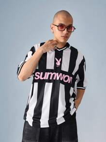 PLAYBOY X SUMWON 常规版型黑白条纹图案复古风格运动衫短袖休闲街头学院风运动 T 恤 - 黑與白 - 查看 2