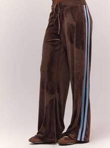 MUSERA 宽腿侧条纹丝绒厚腰带低腰慢跑裤，复古乡村风，可爱田园风，返校休闲家居裤，女士奶油糖色冬季休闲运动裤 - 摩卡棕 - 查看 3