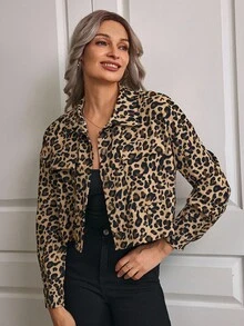 EMERY ROSE Women's Long Sleeve Button Leopard Print Chic Stylish Fashion Jacket