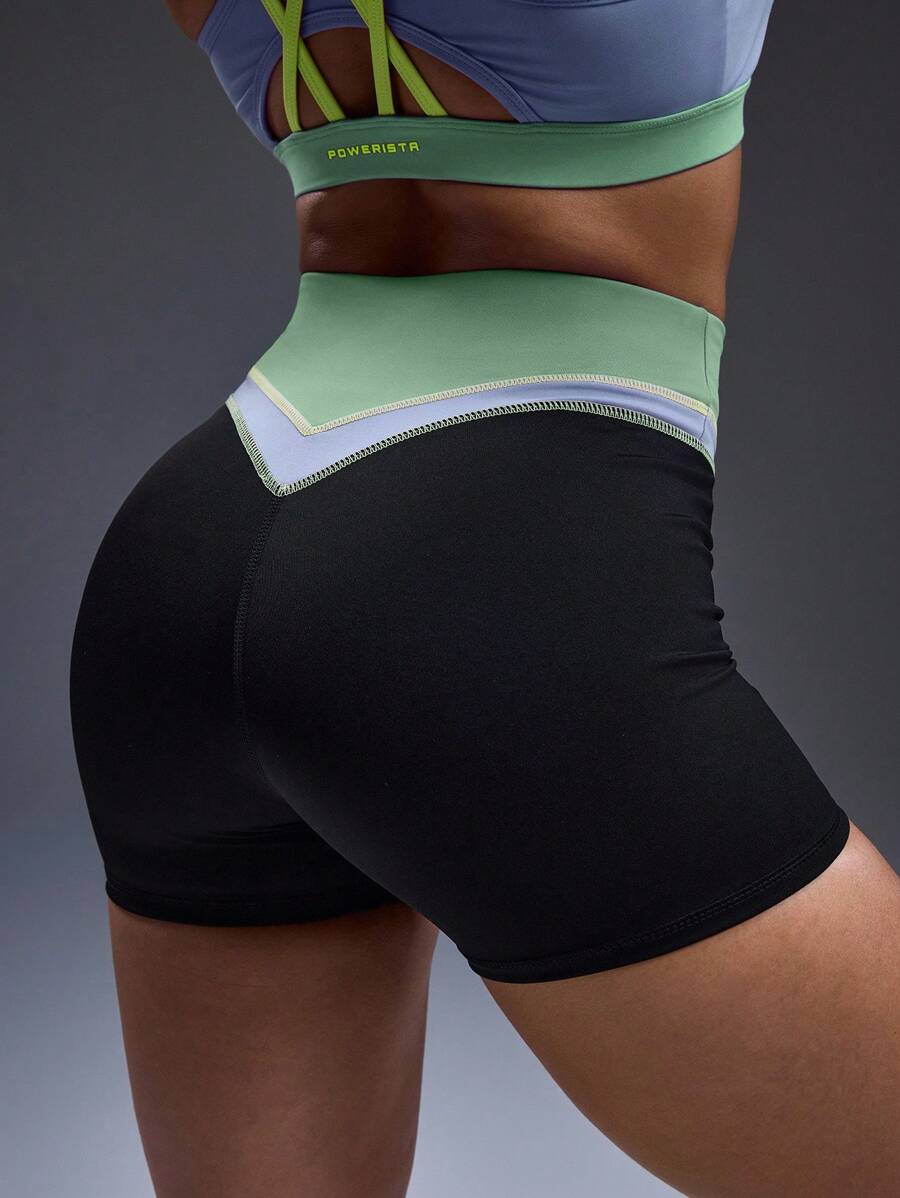 Powerista Contrast Color Patchwork High Waist Seamless Sports Shorts - Black - View 1