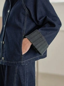 Dazy-Less 女士休闲商务牛仔套装，条纹袖口，拼色，宽松版型，长袖，适合秋冬季，秋季女装 - 深色水洗藍 - 查看 7