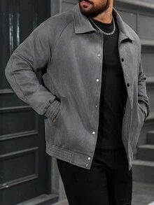 Manfinity Homme Chaqueta casual de ante de un solo pecho de unicolor con mangas raglán para hombre, gris con botones, para otoño/invierno - Gris - Ver 3
