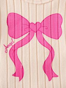 SHEIN Playful Pals 6件套可爱女婴春秋罗纹面料蝴蝶结印花/蝴蝶结印花/纯紫红色长袖弧形下摆T恤和修身裤休闲时尚装 - 彩色 - 查看 9