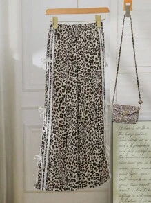 Sparklyn Tween Girls Wide Leg Geometric Print Long Pants With Pockets And Side Bow Details Leopard Pants Cheetah Print Pants Leopard Print Pants Tween Girl Leopard Set Fall Winter - Multicolor - View 8