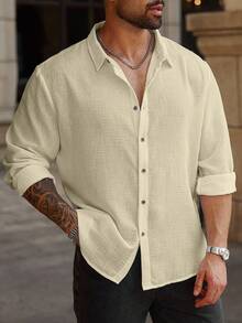 Manfinity Homme Men Plus Size Casual Solid Color Long Sleeve Shirt, Fall - Khaki - View 3