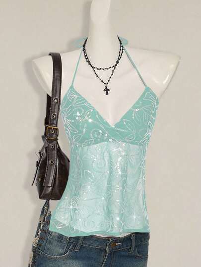 SHEIN ICON Top corto halter con espalda descubierta y malla con lentejuelas estilo Y2K para mujer
