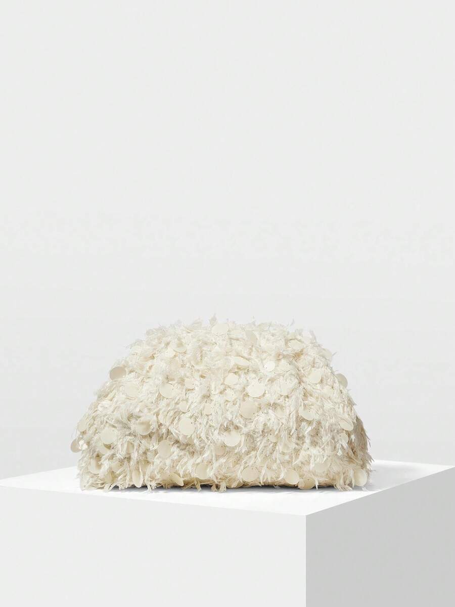 MOTF PREMIUM 女士时尚白色杏色纹理手拿包，情人节包，优雅、奢华，完美搭配舞会配饰 - 白杏色 - 查看 2