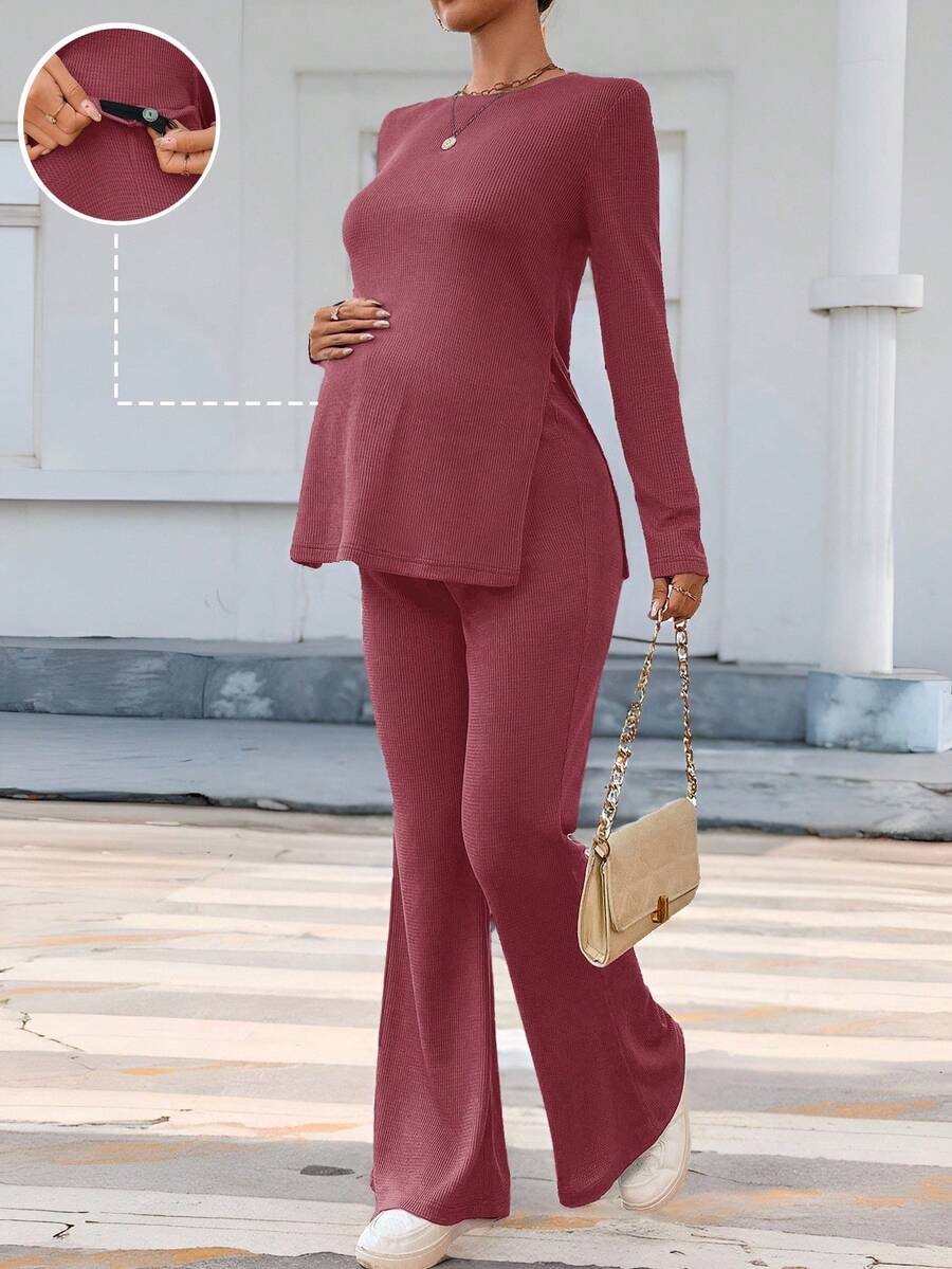 SHEIN Set de top y pantalones casuales de unicolor con abertura lateral para maternidad, 2 piezas - Rosa Fucsia - Ver 1