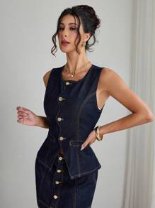 Elenzga Women's Ruffled Collar Sleeveless Washed Denim Blouse ,Casual Elegant Lady - Dark Wash - View 3