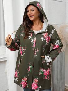 EMERY ROSE Plus Size Women Dark Green Floral Print Long Sleeve Hooded Trench Coat,Autumn Casual Hiking Loose Bohemian Winter Clothes Outwear With Pockets - Multicolor - View 6
