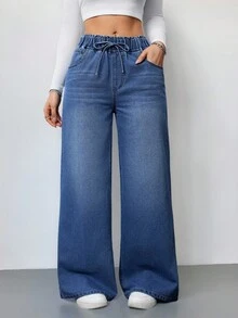 SHEIN PETITE Women's Blue Jeans Summer Wide-Leg Pants Comfortable Elastic Waist With Pockets Summer Casual Wear - Dark Wash - View 5