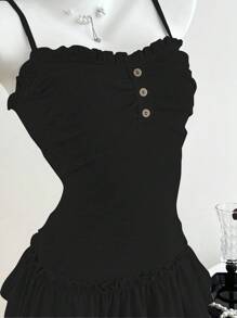 Elamini 女士休闲吊带背心，饰有荷叶边和前褶 - 黑色 - 查看 4