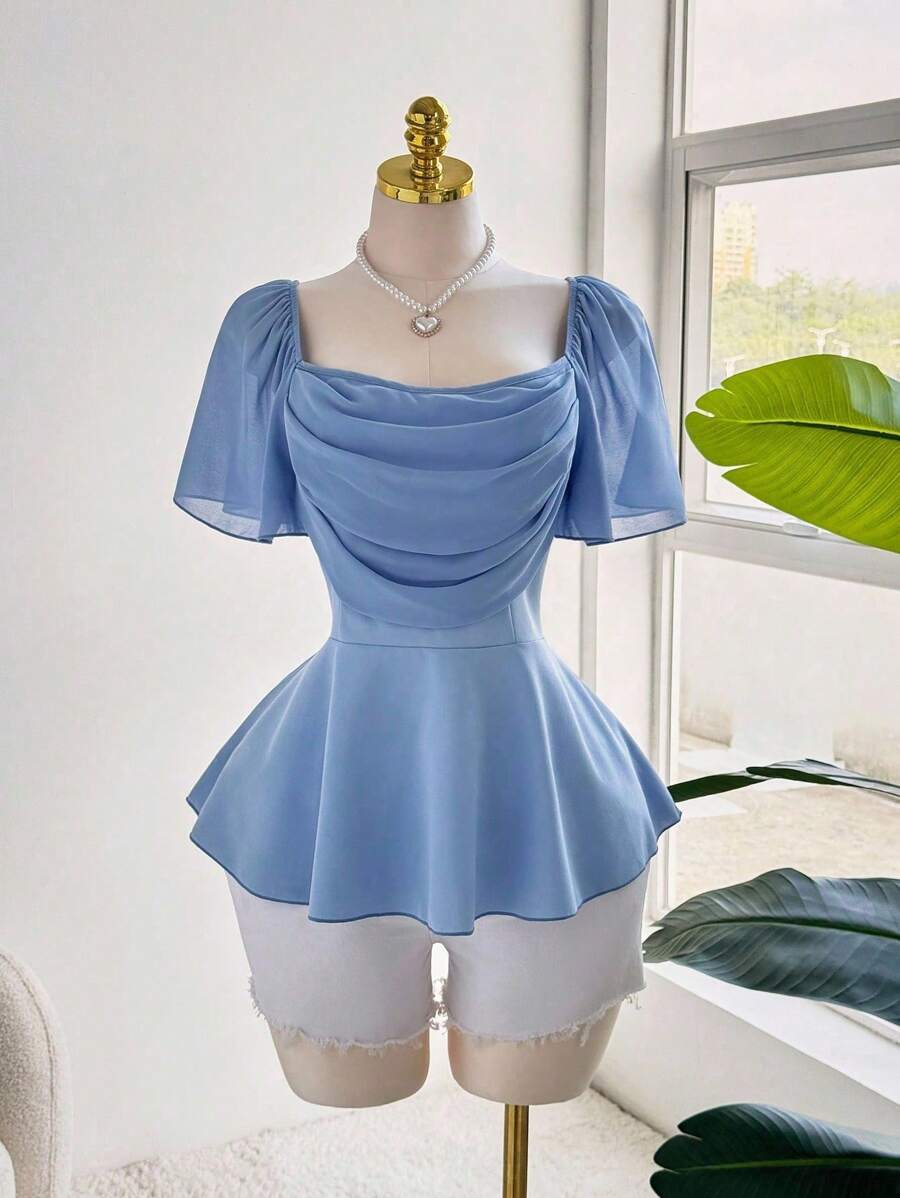 Sweetra Áo cánh voan xếp nếp lãng mạn thanh lịch cỡ lớn cho nữ, tay áo xếp nếp, cổ áo xếp nếp, viền xếp nếp ở eo - Màu xanh bụi bặm - Xem 1