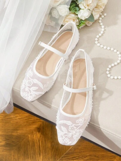 CUCCOO HITCHD Women's Embroidered Lace Beaded Square Toe Flats, Elegant Sweet Romantic Comfortable White Mesh Flat Mary Jane Shoes, Ballet Flats, Dress Shoes, Bridal Shoes, Suitable For Dates, Parties, Weddings, Formal Events For Christmas Elegant Shoes Wedding Shoes Spring Shoes Bride Shoes