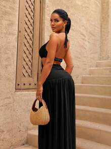 Sirith Váy đi biển hở lưng khoét khoét kim loại trơn màu cho nữ - màu đen - Xem 2