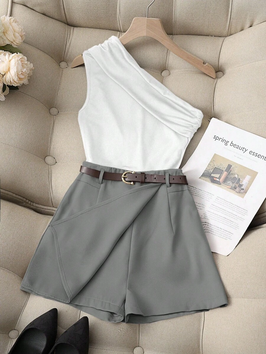 Franclia Bộ đồ hai mảnh màu đen trơn co giãn cao, thoải mái khi đi làm, áo xếp ly một bên vai và quần váy kaki có túi giả kèm thắt lưng, thời trang thường ngày cho nữ khi đi học đại học - Màu Xám nhạt - Xem 1