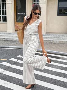 SHEIN Frenchy Bộ đồ liền thân rộng rãi không tay hở lưng cổ chữ V sọc dọc dành cho nữ - Màu be - Xem 2