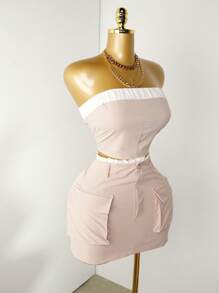 Mistrie 荷葉邊管狀上衣與翻蓋口袋短裙 - 杏色 - 查看 4