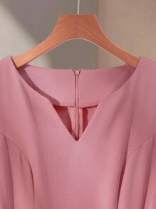 Franclia 女装春秋法式优雅高端V领百褶腰带修身长袖连衣裙 - 藕粉色 - 查看 5