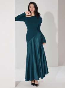 Heiryn 女士纯色斜肩长袖鱼尾下摆优雅连衣裙 - 藍色 - 查看 4