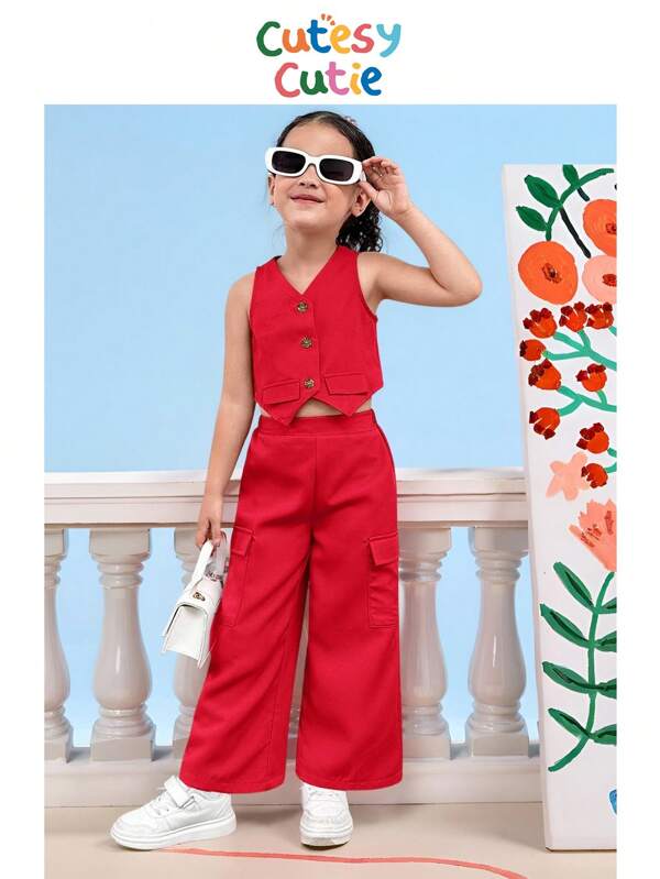 SHEIN Conjunto de chaleco sin mangas y pantalones casual de primavera/verano de tejido liso para niñas jóvenes