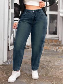 SHEIN Cottnline Quần jean ống côn 100% cotton cỡ lớn - Màu xanh ngọc - Xem 1