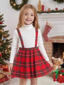 Elladie kids Young Girls' Black & Red Plaid A-Line Pleated Suspender Skirt, Classic Retro Suspender Design Adds Childlike Innocence And Playfulness, Pleated Midi Suspender Skirt, Spring/Autumn Girls Red Plaid Skirt Set Cute School Clothes School Girl Clothes Girls Suspender Skirt Fall Winter - Red - View 3