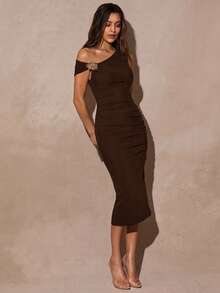 Silquee Đầm ôm cổ lệch màu thanh lịch dành cho nữ, mùa hè - Cà phê nâu - Xem 3