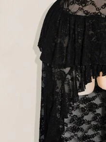 SHEIN ICON Plus Size Off Shoulder Ruffle Lace Tiered Short Front Long Back Dress, Boho, Vacation - Black - View 7