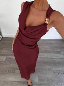 Siren Gaze 女士优雅不对称设计金属扣装饰连衣裙，鸡尾酒会连衣裙 - 酒紅色 - 查看 4