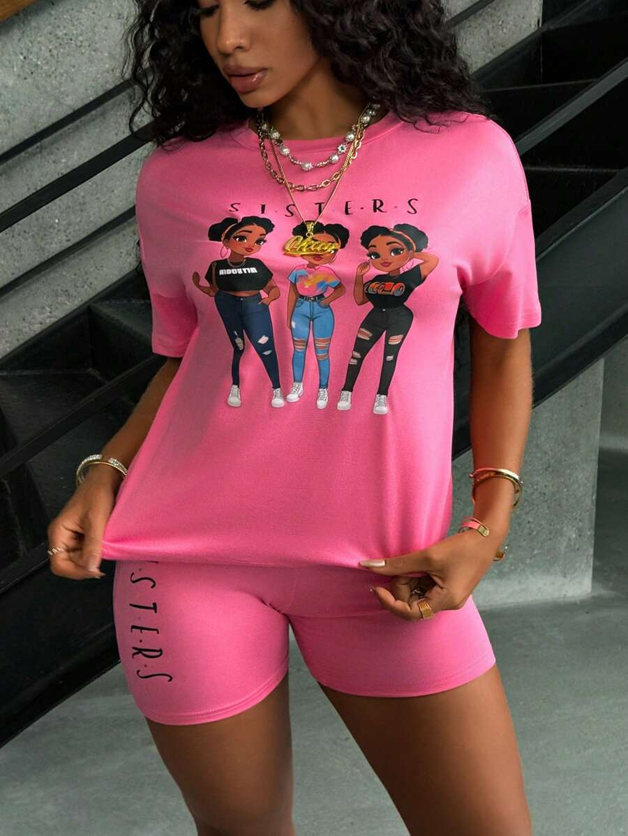 SHEIN Bộ áo thun ngắn tay cổ tròn và quần short in hình nhân vật mùa hè dành cho nữ mùa hè - Màu Hồng Tươi - Xem 1