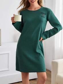 EURMUSE 女士 PLUS CURVE 撞色字母刺绣长袖睡衣裙 - 綠色 - 查看 3