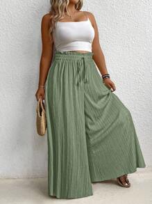 Breezaya Quần ống rộng dáng rộng màu trơn thắt eo xếp nếp dành cho nữ cỡ lớn - màu xanh lá - Xem 5