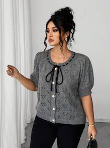 Elenzga Áo len cardigan dệt kim tay phồng khoét lỗ phía trước cỡ lớn cho nữ - Xám - Xem 1