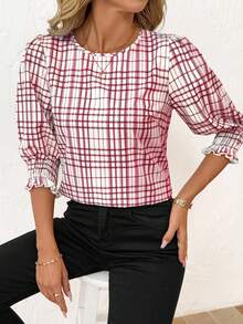 SHEIN Clasi Áo sơ mi nữ cổ tròn tay lửng dáng rộng thoải mái - Đỏ - Xem 6