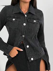 翻盖口袋纽扣前牛仔夹克 - 黑色 - 查看 7