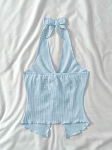 SHEIN 青少年女孩休闲度假纹理针织蝴蝶结装饰挂脖吊带背心 - 淺藍色 - 查看 6