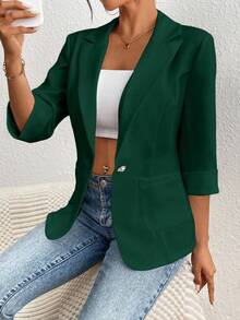Chiquease Spring & Summer Casual Commuter Solid Color Lapel Neck Raglan Sleeve Fashion Blazer - Dark Green - View 3