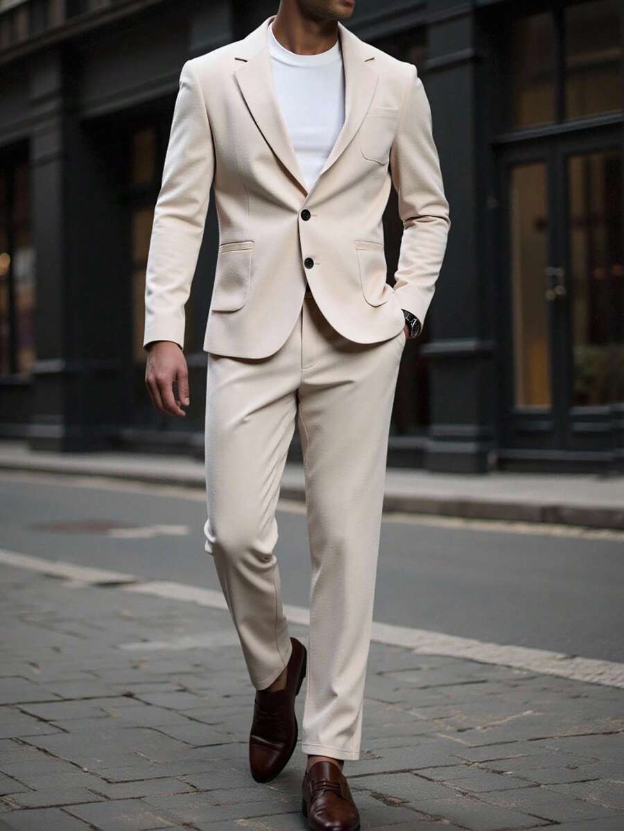 Manfinity Bizformal 2 件男士纯色长袖西装外套和裤子，西装套装 - 卡其色 - 查看 1