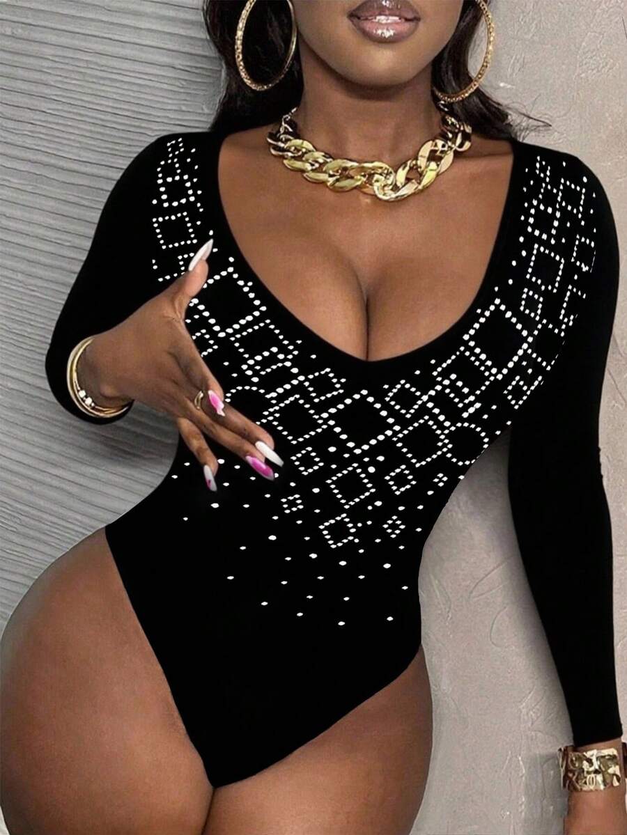 SHEIN Women's Round Neck Rhinestone Decorated Long Sleeve Slim Fit Bodysuit Fall Cloth For Women