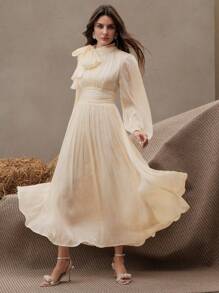 Anewsta Women's Long Dress, Spring & Autumn, Waist Pleated Shiny Elegant & Versatile - Champagne - View 2