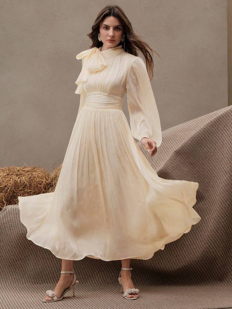 Anewsta Essential Women's Long Dress, Spring & Autumn, Waist Pleated Shiny Elegant & Versatile