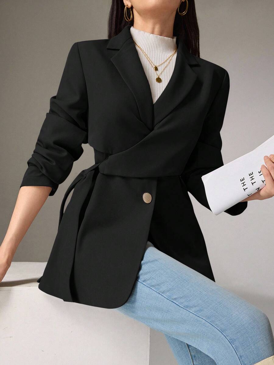 Heiryn Áo khoác blazer nữ tay dài ve áo màu trơn thắt nút bên hông, trở lại trường vào mùa thu/đông - màu đen - Xem 1