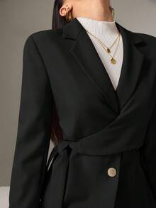 Heiryn Áo khoác blazer nữ tay dài ve áo màu trơn thắt nút bên hông, trở lại trường vào mùa thu/đông - màu đen - Xem 6