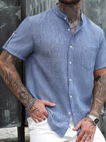 Manfinity Homme 男士双色休闲亚麻质感卷袖立领衬衫，夏季款 - 藍色 - 查看 1