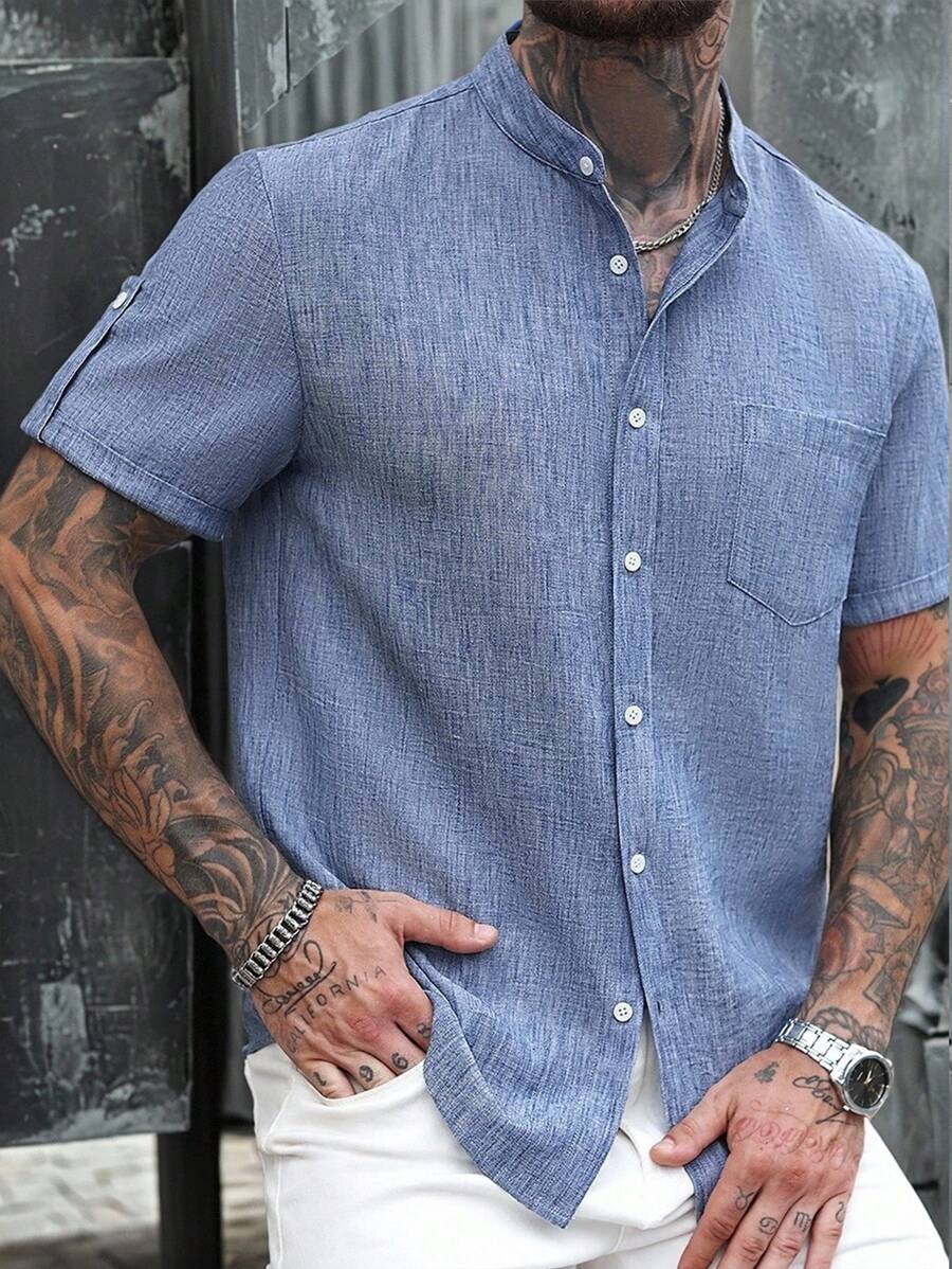 Manfinity Homme 男士双色休闲亚麻质感卷袖立领衬衫，夏季款 - 藍色 - 查看 1