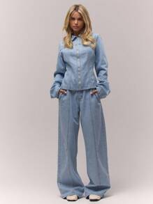 MUSERA Washed Bleached Balloon Fit Denim Jeans Co-Ord Bottoms Only Old Money Cute Country Cottage Core Back To School Casual For Women Butterscotch Office Work Everyday Winter Chic Spring Summer - Baby Blue - View 2