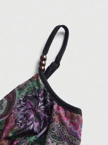 ROMWE Hippie 波西米亚风夏季海滩度假女式复古嬉皮西部木珠装饰流苏下摆佩斯利印花背心，可搭配裙子或裤子 - 紅色 - 查看 4